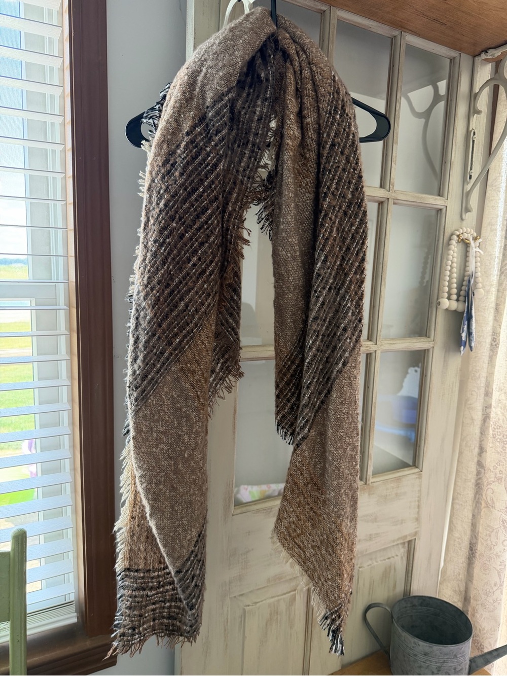 Cozy Brown Plaid Fringed Throw Scarf